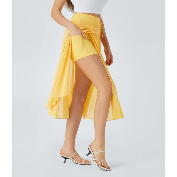 NWT Halara High Waisted Drawstring 2-in-1 Pocket Flowy Midi Skirt Popcorn S - Picture 8 of 12